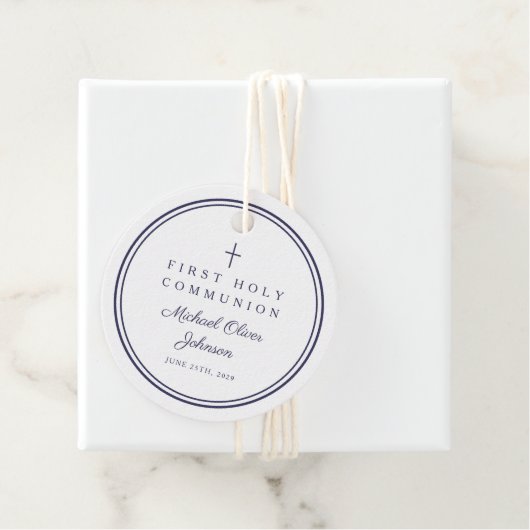 Modern Navy Blue Thank You Boy First Communion Bedankjes Labels (In situ)