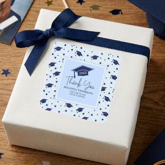 Modern Navy Blue Thank You Graduation Name Vierkante Sticker