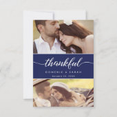 Modern Navy Blue Thankful script Wedding Photos Bedankkaart (Voorkant)