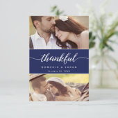 Modern Navy Blue Thankful script Wedding Photos Bedankkaart (Staand voorkant)
