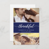 Modern Navy Blue Thankful script Wedding Photos Bedankkaart (Voorkant / Achterkant)