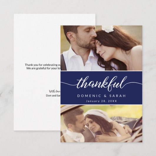 Modern Navy Blue Thankful script Wedding Photos Bedankkaart (Voorkant / Achterkant)