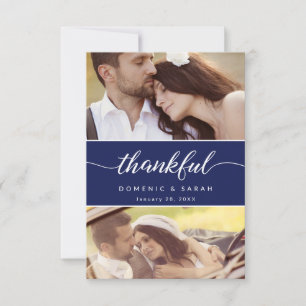 Modern Navy Blue Thankful script Wedding Photos Bedankkaart