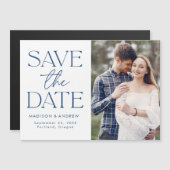 Modern Navy Blue Typografie Foto Save the Date Magnetische Uitnodiging (Voorkant / Achterkant)