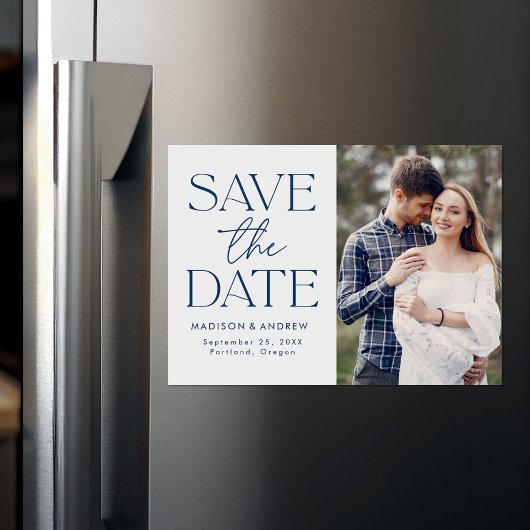 Modern Navy Blue Typografie Foto Save the Date Magnetische Uitnodiging