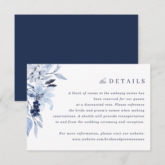 Modern Navy Blue Waterverf Bloemen invoegen Detail Kaart (Voorkant / Achterkant)
