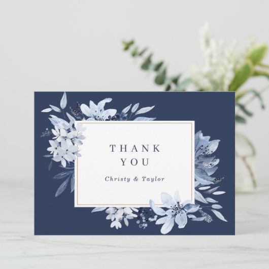 Modern Navy Blue Waterverf Floral Dank u kaart (Staand voorkant)