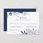 Modern Navy Blue Waterverf Floral RSVP Reactie Kaart (Voorkant / Achterkant)