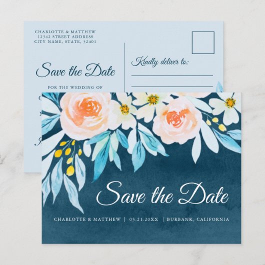 Modern Navy Blue Waterverf Floral Save the Date Aankondigingskaart (Voorkant / Achterkant)