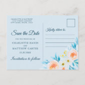 Modern Navy Blue Waterverf Floral Save the Date Aankondigingskaart (Achterkant)