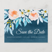 Modern Navy Blue Waterverf Floral Save the Date Aankondigingskaart (Voorkant)