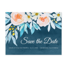 Modern Navy Blue Waterverf Floral Save the Date