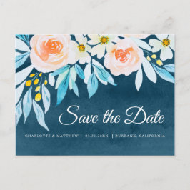 Modern Navy Blue Waterverf Floral Save the Date Aankondigingskaart