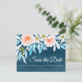 Modern Navy Blue Waterverf Floral Save the Date Aankondigingskaart (Staand voorkant)