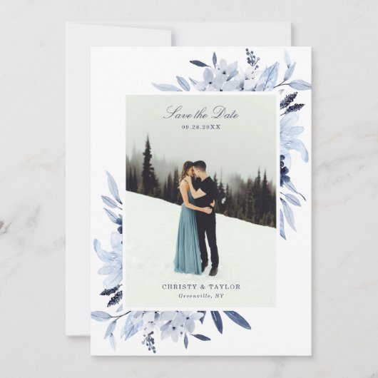 Modern Navy Blue Waterverf Floral Save the Date Kaart