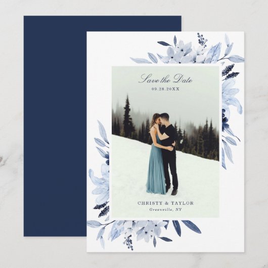 Modern Navy Blue Waterverf Floral Save the Date Kaart (Voorkant / Achterkant)