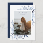 Modern Navy Blue Waterverf Floral Save the Date Kaart (Voorkant / Achterkant)