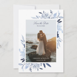 Modern Navy Blue Waterverf Floral Save the Date Kaart