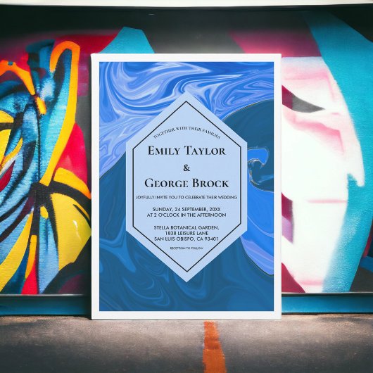 Modern Navy Blue Waves Abstract Artistic Wedding Kaart