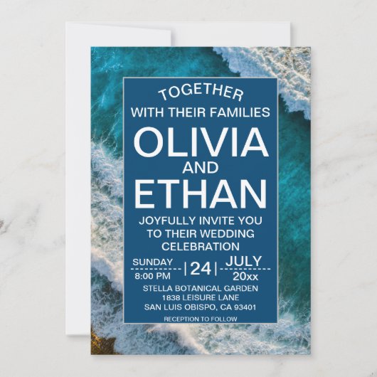 Modern Navy Blue Waves Summer Beach Wedding Kaart (Voorkant)