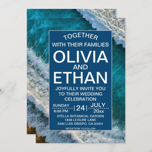 Modern Navy Blue Waves Summer Beach Wedding Kaart (Voorkant / Achterkant)