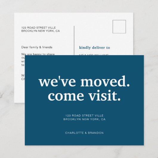 Modern Navy Blue We hebben ons verplaatst Aankondigingskaart (Voorkant / Achterkant)