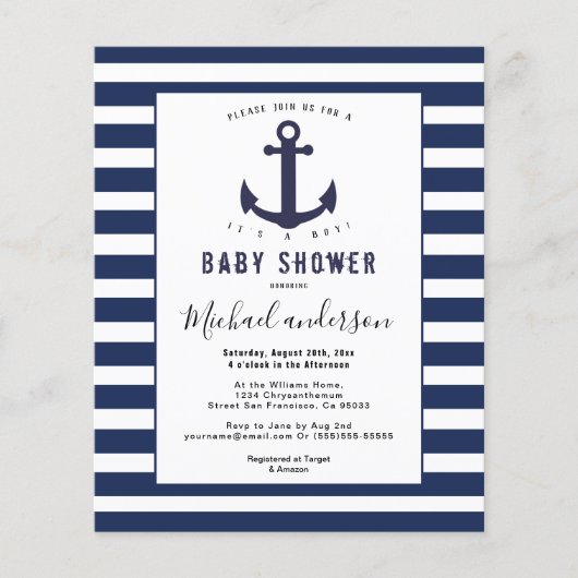 Modern Navy Blue White Boy baby shower-uitnodiging Flyer (Voorkant)