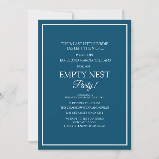 Modern Navy Blue White Empty Nest Party Kaart (Voorkant)