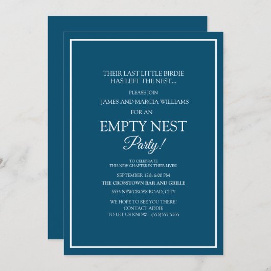 Modern Navy Blue White Empty Nest Party Kaart (Voorkant / Achterkant)