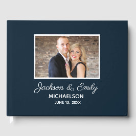 Modern Navy Blue White Photo Front Weddenschap Gastenboek