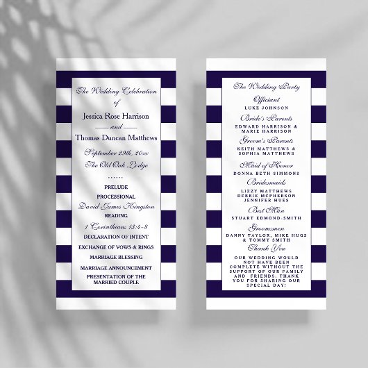 Modern Navy Blue & White Stripe Trouwprogramma Reclamekaart