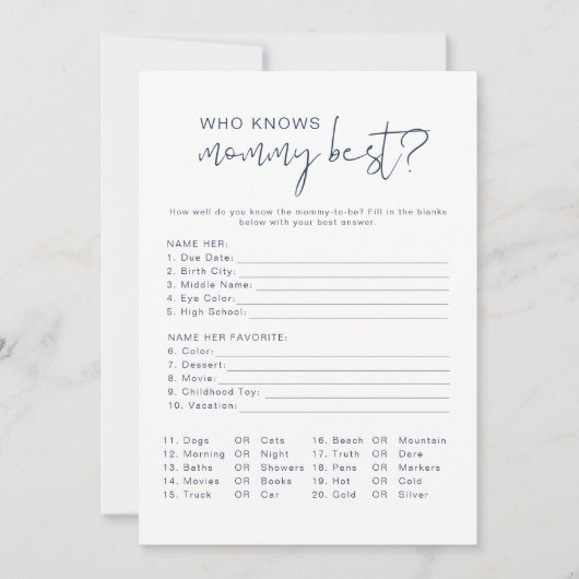 Modern Navy Blue Wie kent mama het beste spel Kaart (Voorkant)