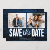 Modern Navy Blue Wood 2 Foto slaat de datum op Save The Date (Voorkant / Achterkant)