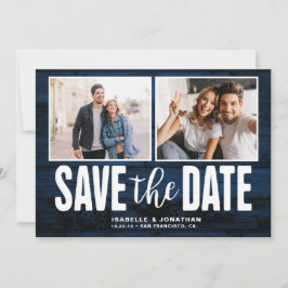 Modern Navy Blue Wood 2 Foto slaat de datum op Save The Date