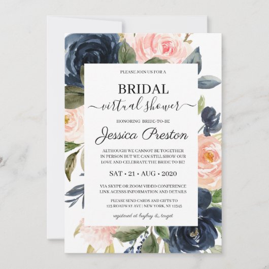 Modern Navy Blush Floral Virtual Vrijgezellenfeest Kaart (Voorkant)