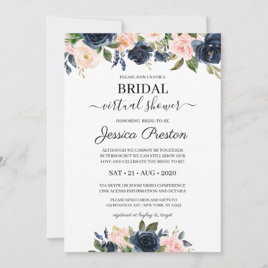 Modern Navy Blush Floral Virtual Vrijgezellenfeest Kaart (Voorkant)