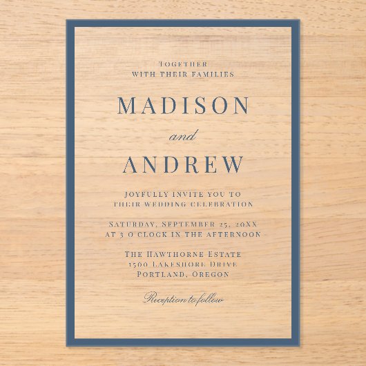 Modern Navy Border Wedding Acryl Uitnodigingen (Voorkant)