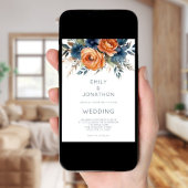 Modern Navy Burnt Orange Florals QR Code Wedding Kaart