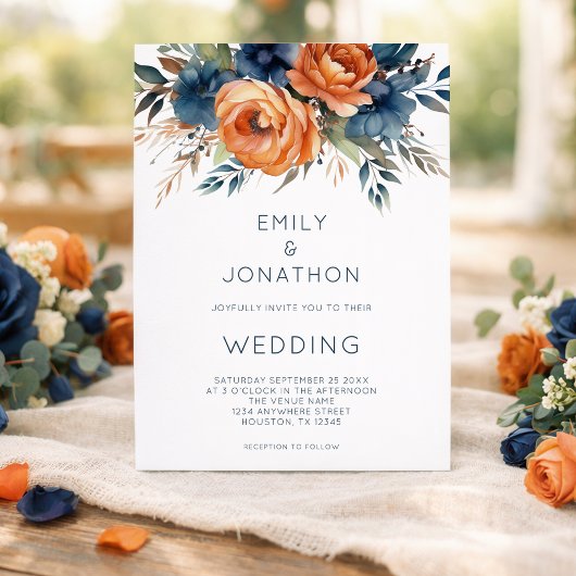 Modern Navy Burnt Orange Florals QR Code Wedding Kaart