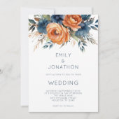 Modern Navy Burnt Orange Florals QR Code Wedding Kaart (Voorkant)