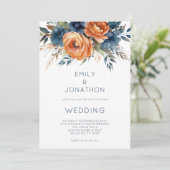 Modern Navy Burnt Orange Florals QR Code Wedding Kaart (Staand voorkant)