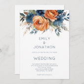 Modern Navy Burnt Orange Florals QR Code Wedding Kaart (Voorkant / Achterkant)