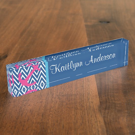 Modern Navy Chevron Pink Nautical Anchor Name plat Naambordje (Zijkant)