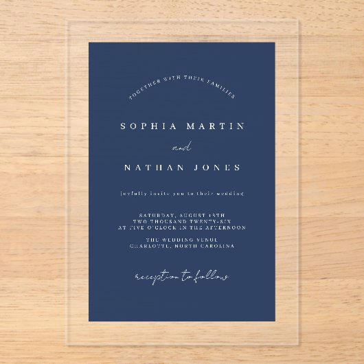 Modern Navy Clear Minimalist Wedding Acryl Uitnodigingen (Voorkant)