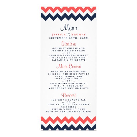 Modern Navy & Coral Chevron Wedding Menu (Voorkant)