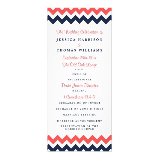 Modern Navy & Coral Chevron Wedding Programma (Voorkant)