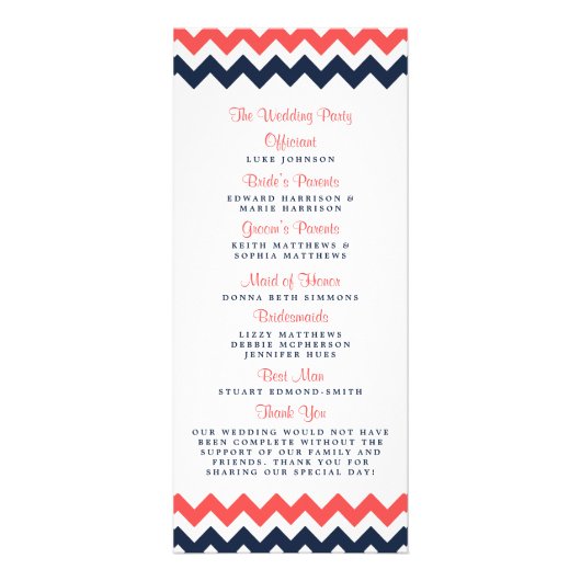 Modern Navy & Coral Chevron Wedding Programma (Achterkant)