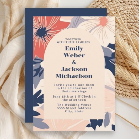 Modern Navy Coral Cream Arch Wedding Kaart