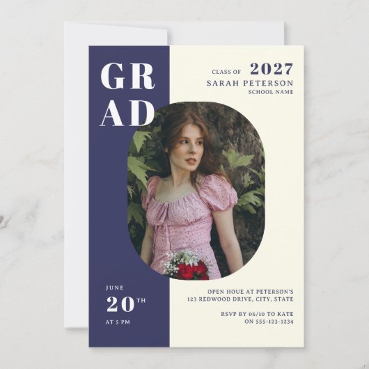 Modern Navy Cream Bold Typography Foto Afstuderen Kaart (Voorkant)