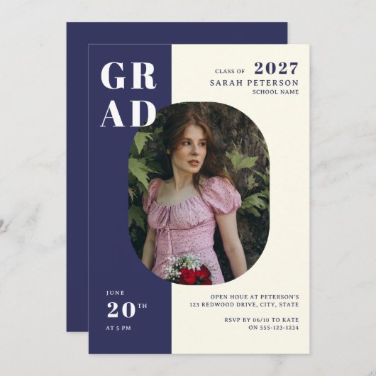 Modern Navy Cream Bold Typography Foto Afstuderen Kaart (Voorkant / Achterkant)